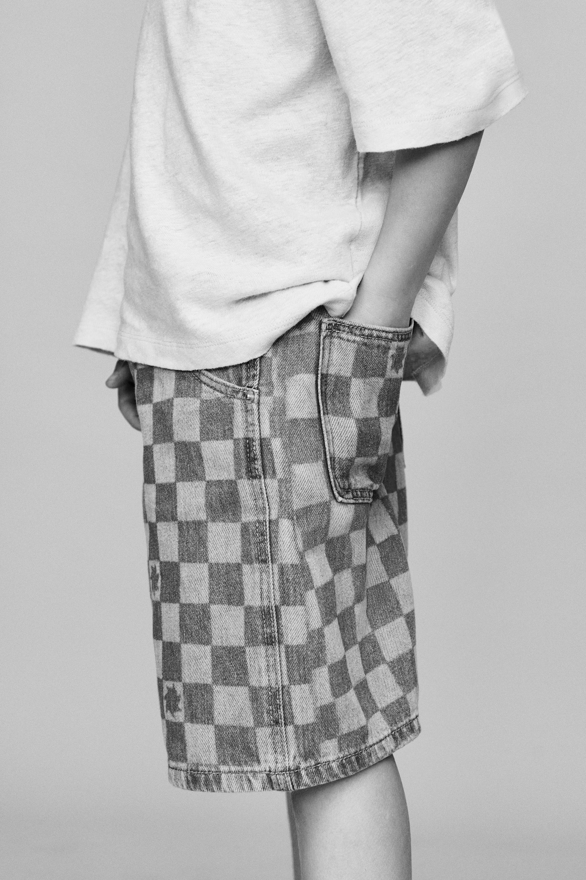 CHECKERBOARD DENIM SHORTS